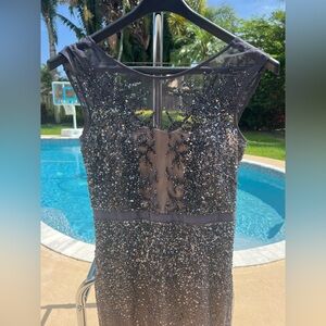 Adrianna Papell Hand Beaded 10US Evening Gown, Sheer Mesh Illusion Bodice Gray